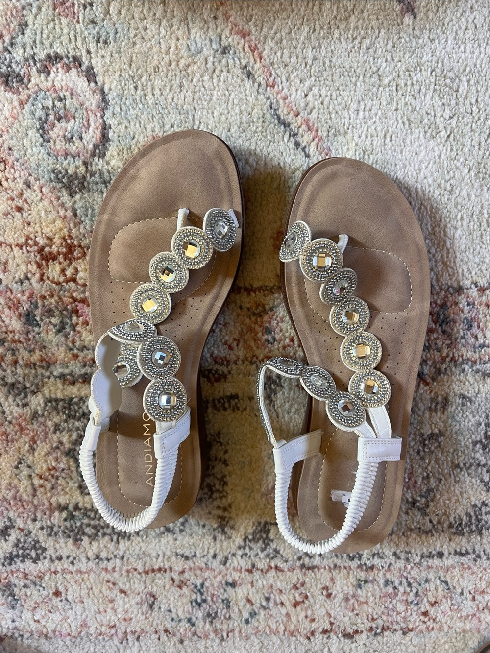 Women's White Embellished T-Strap Sandals with Gem Accents